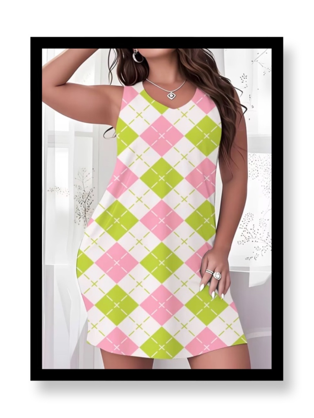 🆕 Women’s Plus Size Sleeveless Argyle Dress - Pink & Lime